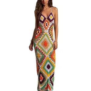 Novelty Women Dress Sexy Sleeveless Grandmother Square Long Beach Wear Crochet Woman Maxi Dresses Casual Female Clothes