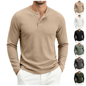 Camiseta Henley de <span class=keywords><strong>Manga</strong></span> <span class=keywords><strong>Larga</strong></span> para <span class=keywords><strong>Hombre</strong></span>, Estilo Vintage, Color Liso, Talla Grande, Tejido Grueso, Corte Holgado, Casual, Transpirable y con Cuello Acanalado - Product Image 1