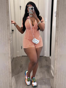 Buen Material de algodón lavado pantalones cortos monos mujeres cuello en V manga corta una pieza Skinny Romper Bodysuits - Product Image 3