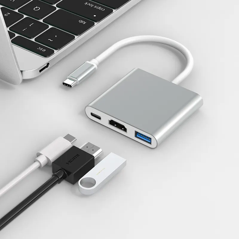 3-In-1 Multi-Function Hdmi Grey Aluminum Housing Pd 3In1 Ethernet 3 Ports In 1 Usb 3.0 C Usb-C Type-C Hub Adapter