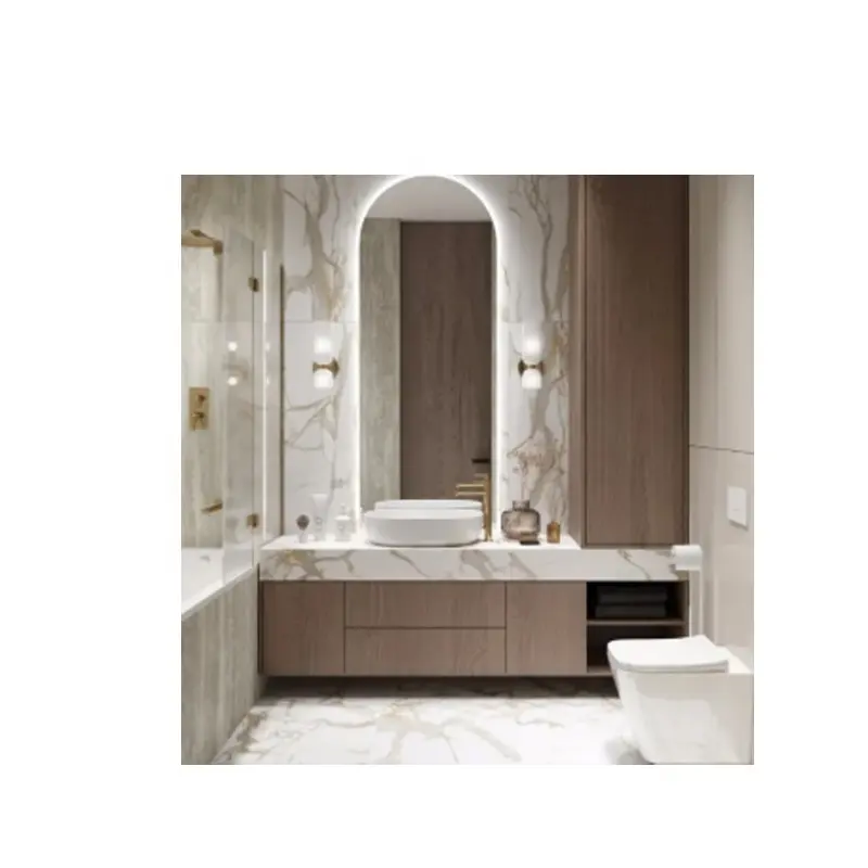 Modern tam kapalı özel ev banyo lavabo tezgahı ahşap yüz yıkama dolabı
