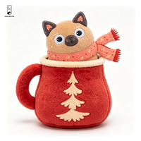 Coussin en peluche chat dans une tasse, visage brodé, doux et rembourré, décoratif de Noël pour canapé et cadeau