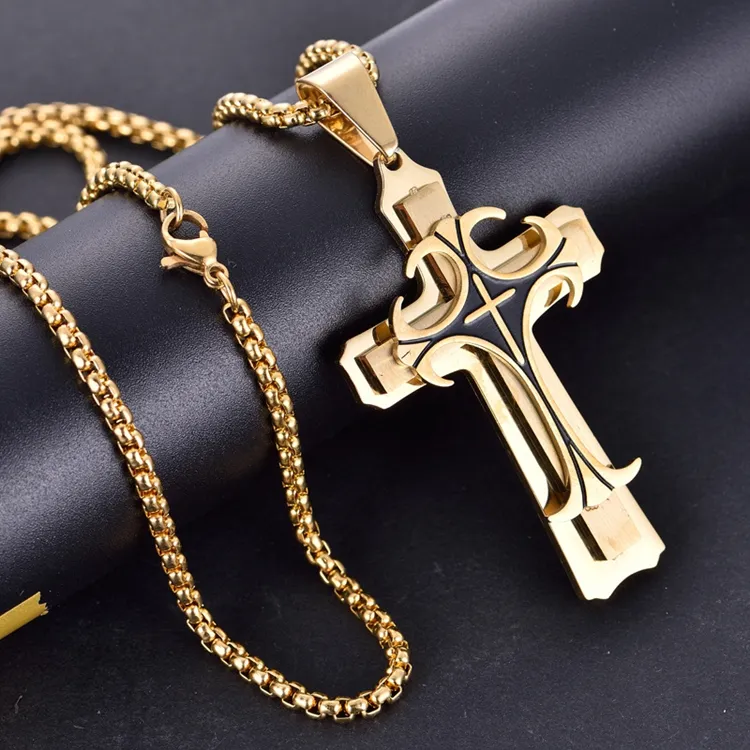 Punk Style Hip Hop Rock Jewelry Wholesale Mens Religious Round Bead Chain Stainless Steel Cross Necklace Pendant