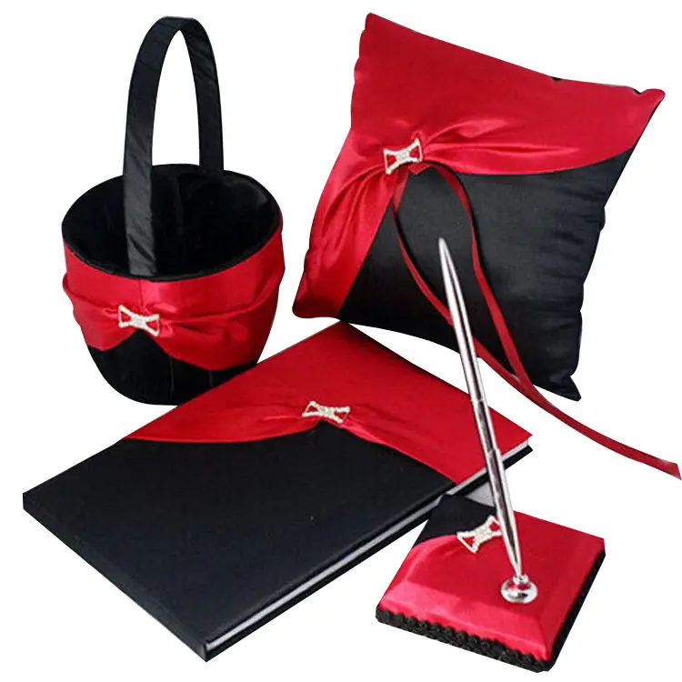 Conjuntos de decoração de casamento/vermelho + cesta de flores preta + travesseiro de anel + livro + conjunto de caneta