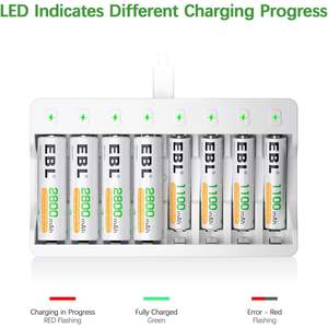 Chargeur de piles EBL 8 emplacements individuels AA/AAA, charge rapide avec écran LCD/LED, rechargeable, 4 piles AAA 1100mAh, 4 piles AA 2800mAh - Product Image 3
