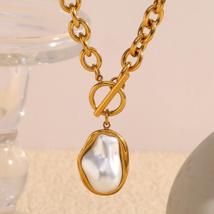 Dreamshow Baroque <strong>Pearl</strong> Jewelry OT Clasp Chain <strong>Necklace</strong> 18k Gold Plated Jewelry Fashion Stainless Steel <strong>Necklace</strong> - Product Image 1