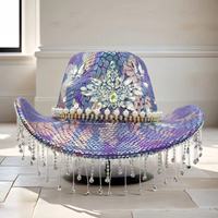 Chapeau de cowboy bohème occidental en gros, imprimé serpent violet, fleurs, strass, perles, franges, pour festival de musique, chapeaux de fête personnalisés pour femmes