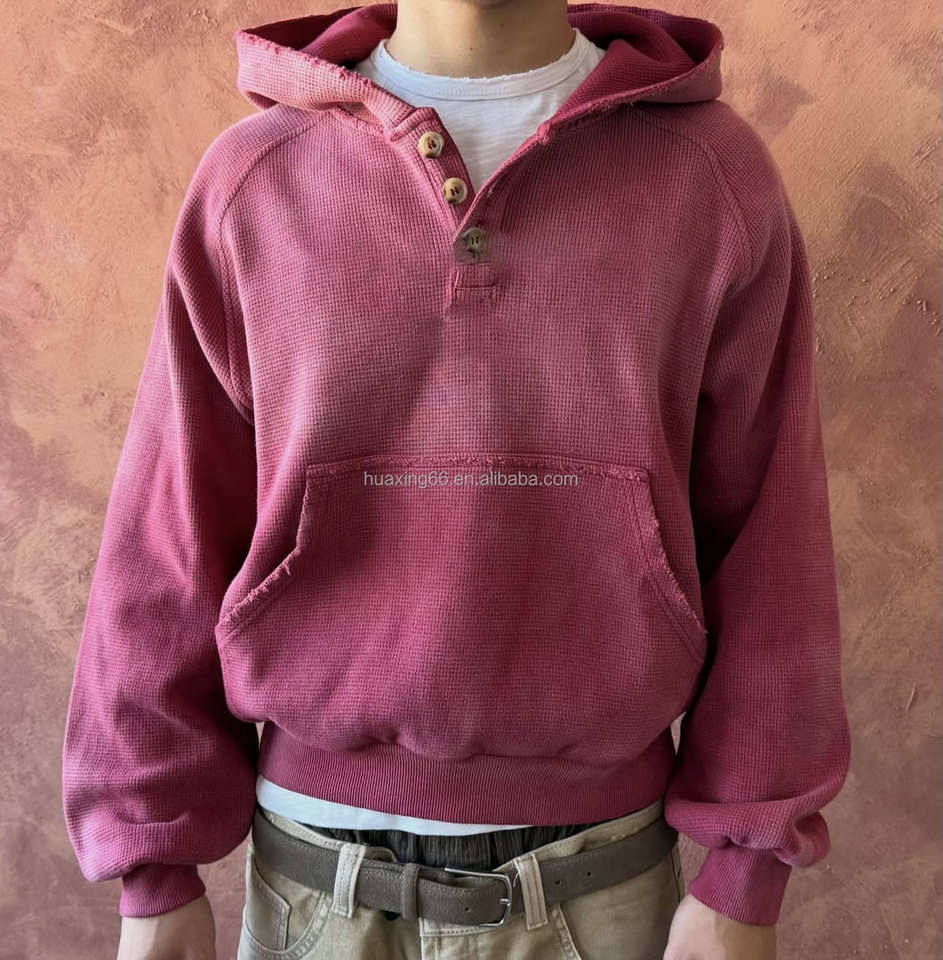 Custom Embroidered Logo Vintage Washed Waffle Knit Henley Hoodie 100% ...
