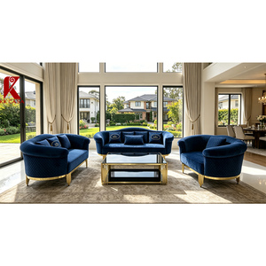 Elegante Set di Divani in Velluto Arrotondato a 3 Pezzi per Soggiorno, Base Dorata Lucida, Lussuoso Set di Divani per Arredamento Interno di Ville - Product Image 4