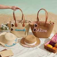 Promo Terbatas! Set Topi Jerami & Tas Pantai Musim Panas untuk Wanita, Aksesoris Vintage, Topi Anti Panas dengan Tas Jinjing Senada untuk Liburan