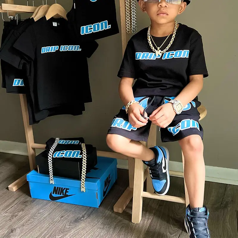 Custom Logo Summer Children Clothing Sets Boys Heavyweight Kids Two Piece Shorts Set Screen Printing Tee T Shirt And Short Set