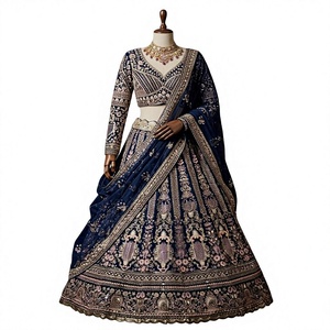 Lehenga Choli de Lujo Azul Marino Bordado con Terciopelo Zari, Traje de Boda Indio, Ghagra Choli Nupcial, Ropa de Fiesta Pakistaní - Product Image 1