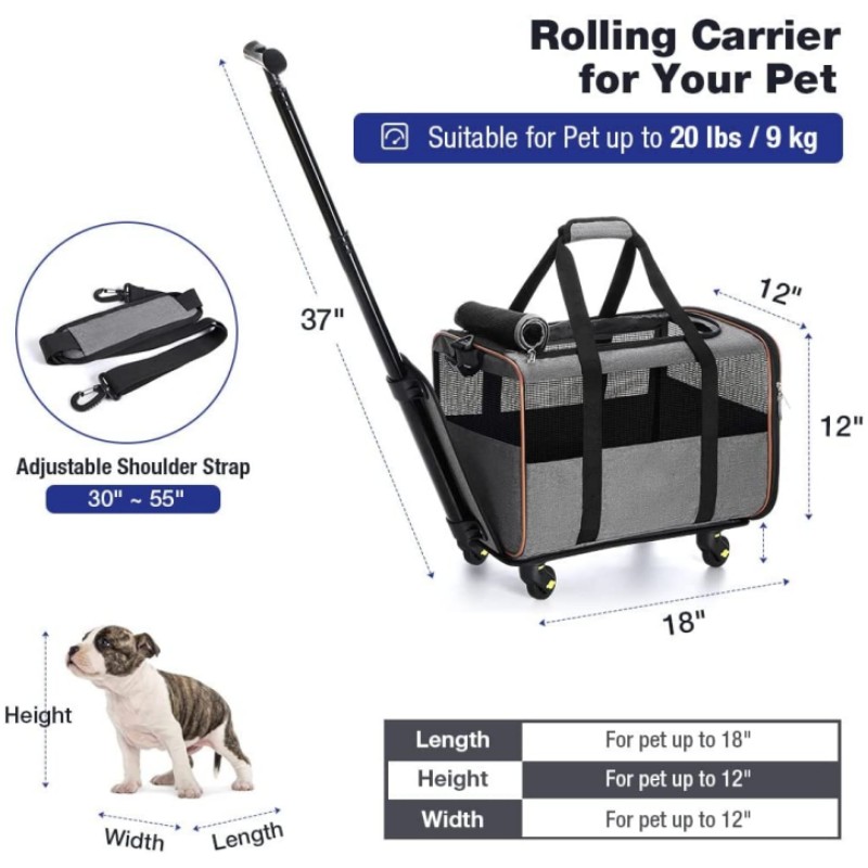 Trasportino Per Gatti E Cani Con Ruote – Trolley Portatile Con Manico Telescopico E Base Rimovibile, Omologato Per Aereo, Capacità 7 Kg