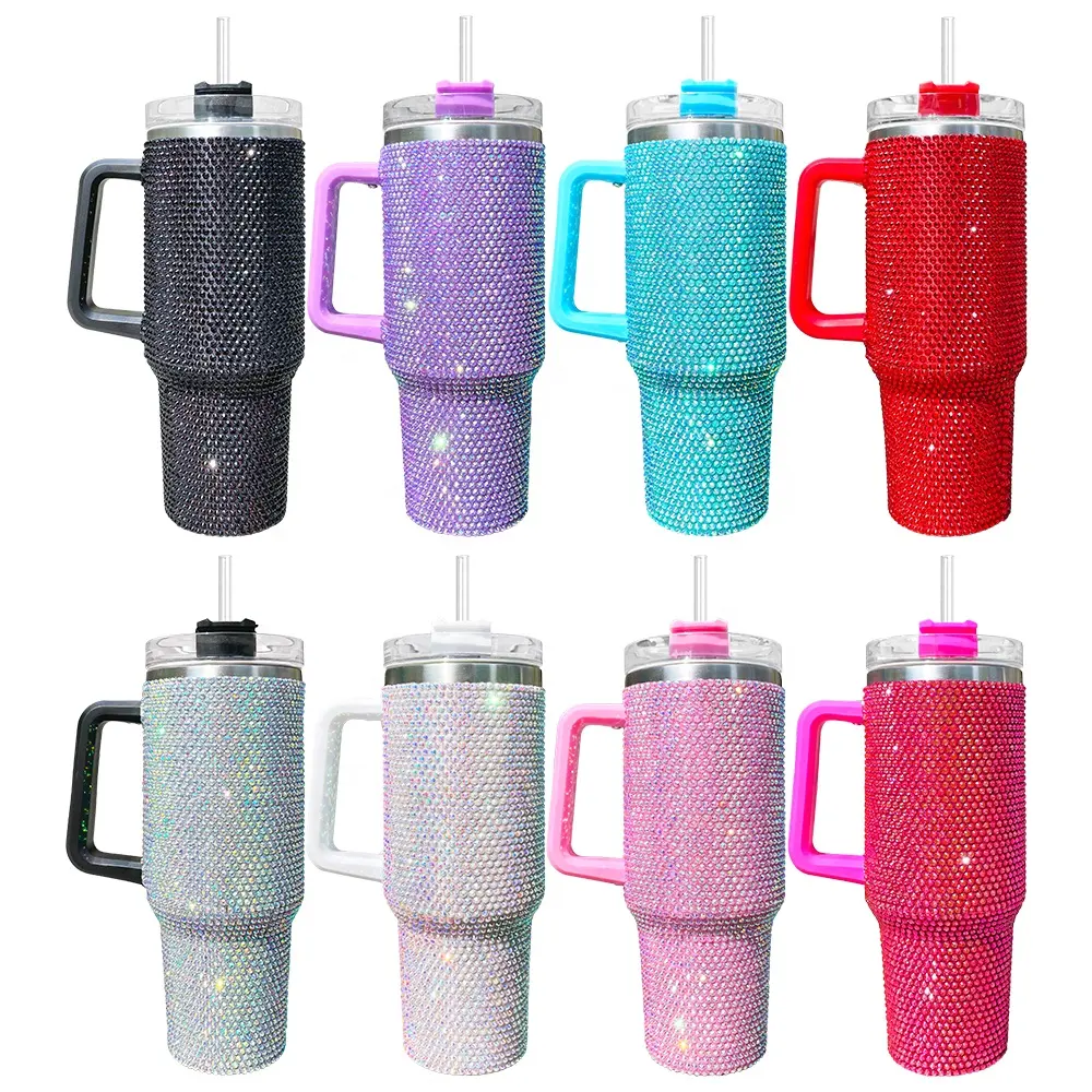 vacuum insulated studded 40oz Rhinestone bling Tumbler cups with handle lid and straw Trendy Super Sparkly for Hot Cold drinks