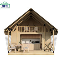 Tente de glamping haut de gamme pour l'extérieur, toile imperméable de 45 m² avec salle de bain et loft, tente de safari de luxe pour hôtel, complexe hôtelier, hébergement