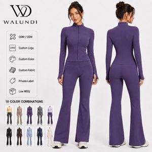 Custom Logo Yoga Set Full Zip Jacket Flare Leggings Thumb Holes Naked Feeling 2 Piece Slim Fit Gym Workout Outfits Wholesale
