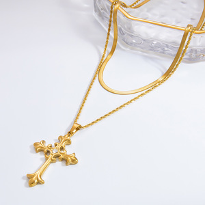 European American Style 18K Gold Plated <b>Cross</b> Pendant Double Layer Clavicle <b>Chain</b> Necklace With Diamond Inlay Gift Jewelry - Product Image 2