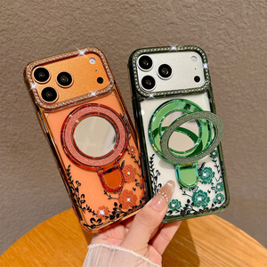 Funda para Teléfono Móvil con Soporte de Espejo de Diamantes Brillantes y Flores para iPhone 17 Air 16 15 14 Pro Max, Cubierta con Marco Electrochapado y Brillante - Product Image 1