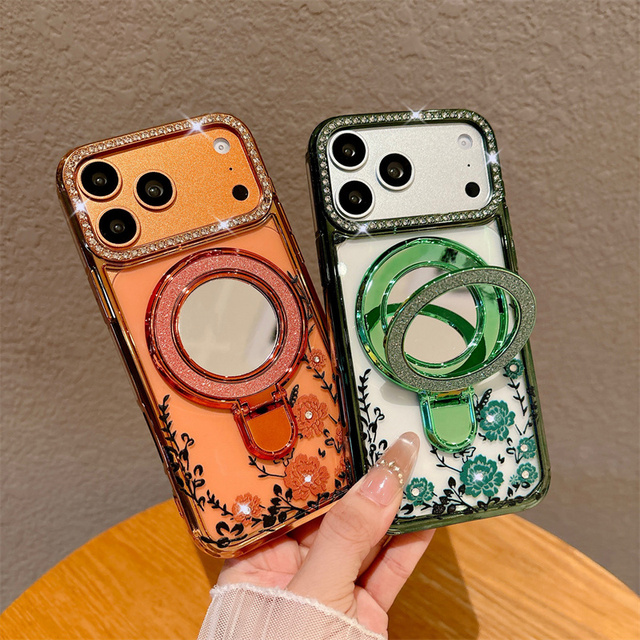 Glitter Diamond Flower Mirror Bracket TPU Shockproof Phone Case for 17/16/15/14 Pro Max Electroplated Stand Bling Frame