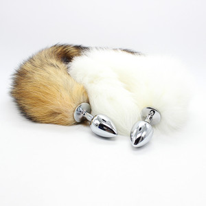 White real hair anal plug, dog tail <b>plush</b> anal plug, flirtatious female prop, masturbation tool, metallic yellow tail, in stock. - Product Image 2