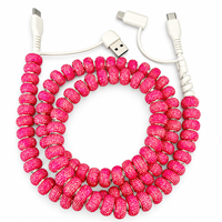 Kabel Charger HP 4 in 1 Hot Pink Berhias Rhinestone dan Manik-manik, USB Type C, Kabel Multi Charging, Kabel Transfer Data Kristal