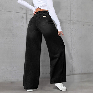 <span class=keywords><strong>Jean</strong></span> droit en denim <span class=keywords><strong>taille</strong></span> mi-<span class=keywords><strong>haute</strong></span> haut de gamme décontracté pour <span class=keywords><strong>femme</strong></span> noire, collection printemps-été - Product Image 2