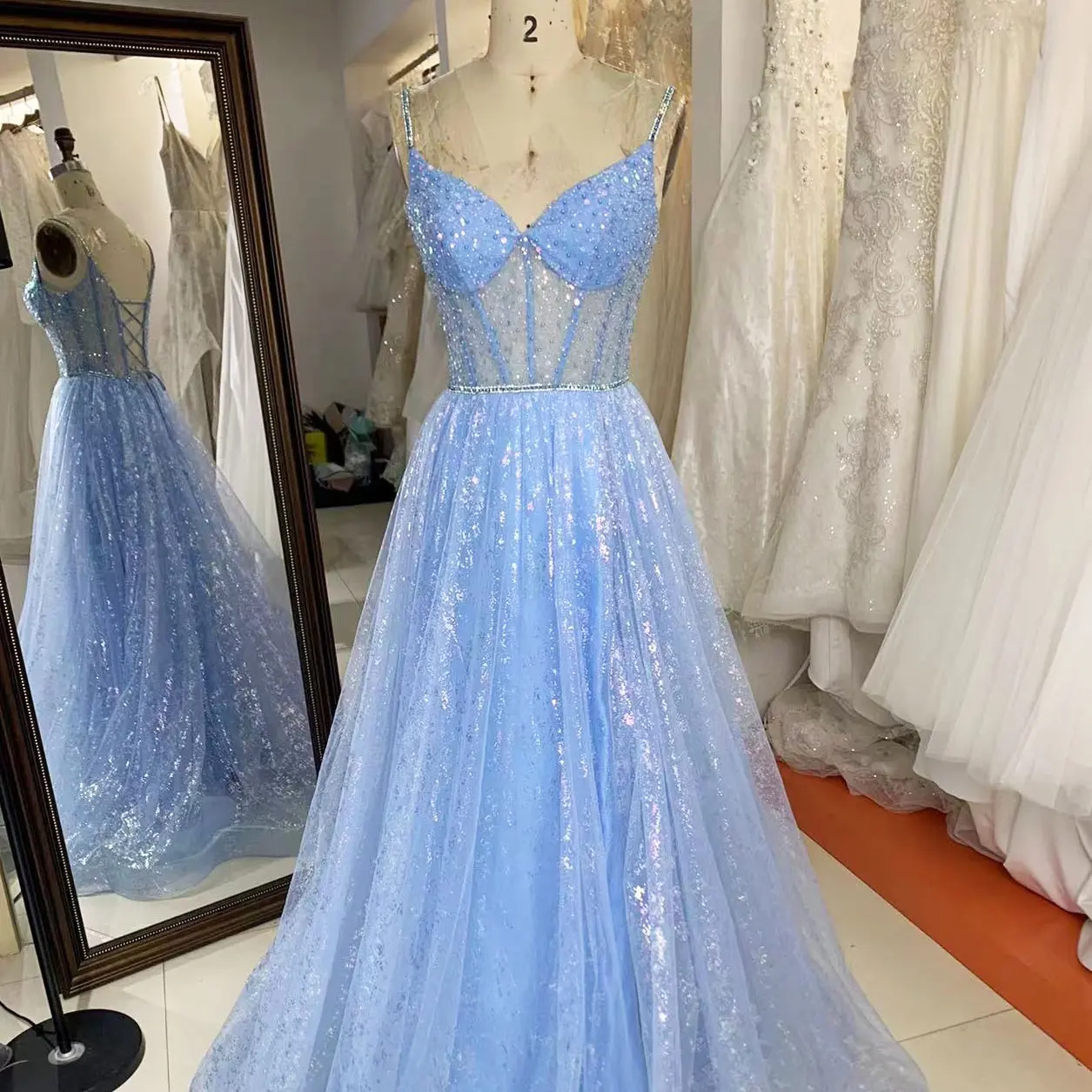 Beaded Straps Deep V Neck Shine Bodice Lace Up Back Blue Ball Gown Prom Dress