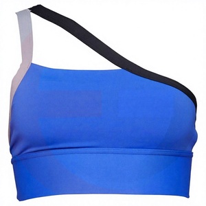 Sujetador deportivo de alto soporte para mujer, talla grande, azul liso, sin costuras, top de yoga de spandex/poliéster, diseño de un solo hombro, logo frontal - Product Image 1