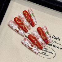 Faux ongles à presser faits main, longs forme cercueil, motif dragon chinois 3D, charme métallique, feuille d'or, luxe oriental, artisanat lourd, ongles en gel, vente en gros