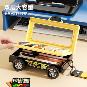 Trousse à crayons en forme de voiture de course, boîte de rangement double couche avec gomme et taille-crayon, organisateur de papeterie pour enfants, bleu jaune - Product Image 2