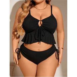 Ensemble de bikini personnalisé pour femmes grandes tailles, haut court à volants, maillot de bain deux pièces taille haute, encolure halter, Spandex Polyester - Product Image 4