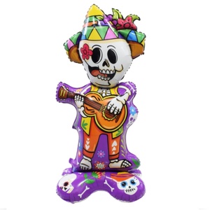 Ensemble de ballons en aluminium sur pied pour le Jour des Morts, comprenant un empilement de crânes en sucre floraux et un squelette avec guitare de mariachi, pour la décoration d'autels mexicains, de fêtes et de la maison - Product Image 2