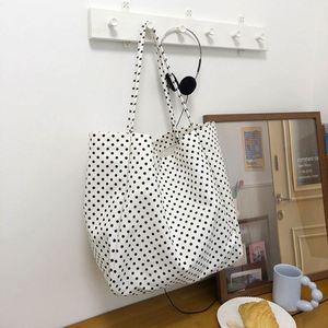 <b>Large</b> Capacity Wave Dot Canvas Tote Casual Handbag Open Closure Ruched Decoration Cute Collapsible Shopping Shoulder <b>Bag</b> - Product Image 4