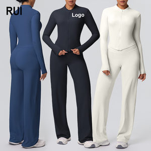 RUIQUWIN Custom Logo Women's Solid <b>Yoga</b> Set Tight <b>Jacket</b> Zippers Straight Trousers High Stretch Moisture Wicking Fitness Wear - Product Image 1