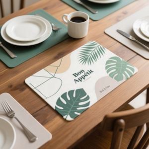 Modern <b>Silicone</b> Placemat Rectangle Non-Slip Green Palm Leaf Design Table Mat Bon Appétit Print 13.5cm - Product Image 2
