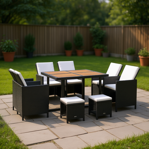 Ensemble de meubles de jardin d'extérieur en rotin noir PE, table en teck 6 places, design contemporain pour terrasse - Product Image 2