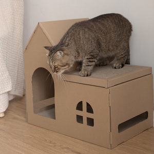 Jouet à gratter pour animaux de compagnie personnalisable OEM/ODM en carton ondulé avec herbe à chat, forme maison, griffoir, nid, mobilier de griffage - Product Image 2