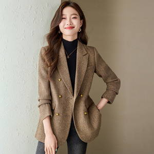 Women's Wool Blazer Double Breasted Herringbone Pattern Slim Fit Office Suit Jacket Autumn Winter 2024 Gray Brown Color - Product Image 1
