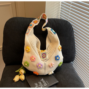 Bohemian Crochet <b>Shoulder</b> Bag With Floral Decoration Single <b>Strap</b> Open Closure Summer Women's Tote Bag - Product Image 1