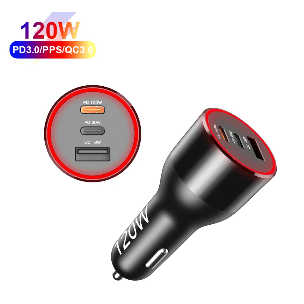 Multi Ports 120W USB C PPS PD QC3.0 Fast Car Charger For iPhone for Samsung for MacBook for iPad and More