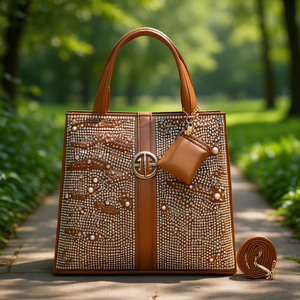 Sac cabas élégant en rotin marron pour femme Fana Alola M3727 avec motif en strass d'alligator, perles et diamants décoratifs, bandoulière amovible - Product Image 2