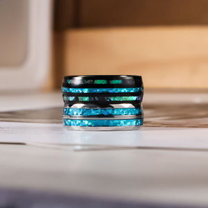 Men's Stainless Steel <b>Ring</b> with Shell Inlay Channel Setting Geometric Design Wedding Band SA1221 - Product Image 2
