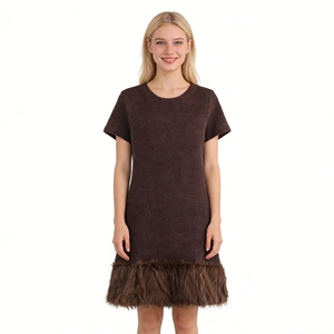 Robe Courte en Maille Marron pour Femme, Manches Courtes, Bordure en Fourrure, Élégante, Décontractée, pour Soirée, Robes Tendance - Product Image 1