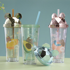 Double Walled Plastic Straw Cup Mickey Mouse Ears Cartoon Fruit Design Student Portable Water Bottle 500Ml - Product Image 2
