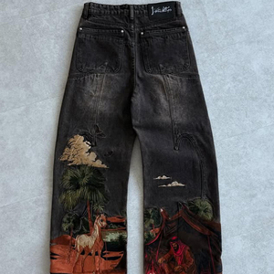 Pantalon en <span class=keywords><strong>jean</strong></span> vintage personnalisé pour homme, style Y2K, effet usé, broderie 3D, <span class=keywords><strong>jean</strong></span> baggy, broderie surdimensionnée, motif de designer - Product Image 1