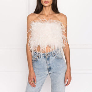 Top Corto Elástico sin Tirantes con Plumas de Avestruz Auténticas para Mujer, Camisola, Sujetador - Product Image 4