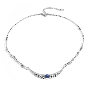 18K oro Acero inoxidable piedra azul Natural martillo patrón media luna forma encanto colgante cuerda trenzada cadena collar P253629 - Product Image 2