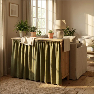 Falda de Mesa Moderna 100% Lino con Diseño de Cuadros |   Funda <span class=keywords><strong>para</strong></span> Mueble de Estilo Rústico con Elegante Diseño de Volantes - Product Image 5