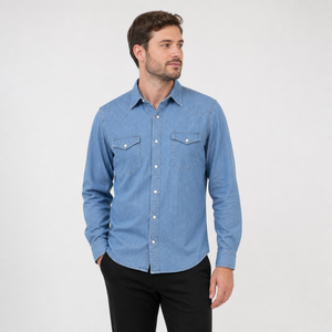 เสื้อเชิ้ตเดนิม Chambray 8 ออนซ์ แขนยาวสำหรับผู้ชาย ลุคสบายๆ ซักแล้ว ใส่โลโก้ได้ตามสั่ง สไตล์ตะวันตก ติดกระดุมแบบ Snap ผลิตแบบ OEM ODM จากบังกลาเทศ - Product Image 1