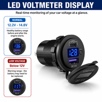 Chargeur de voiture USB-C à montage sur panneau PD QC 3.0 avec voltmètre numérique et couvercle rabattable pour bateau, marine, camion, camping-car, moto